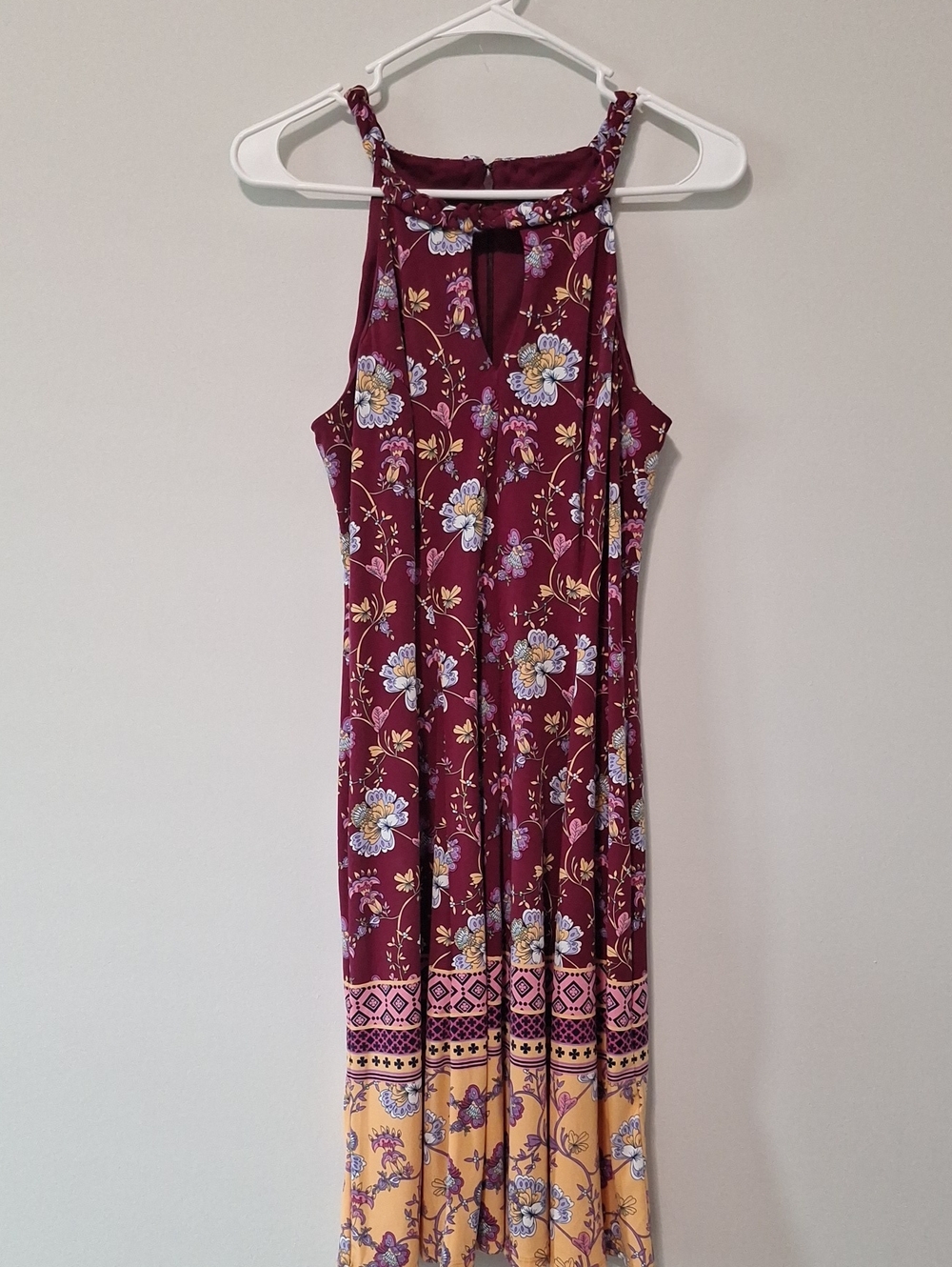Wisp Size 4 Floral Halter Knee Length Dress in Burgundy and Yellow
